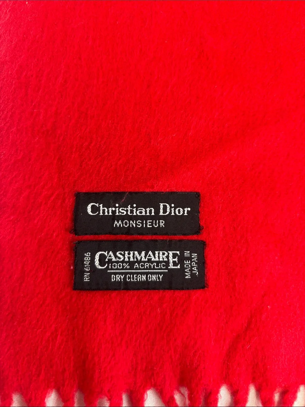 Christian Dior Monsieur Cashmaire Red Woven Fringe Scarf Vintage Made in Japan